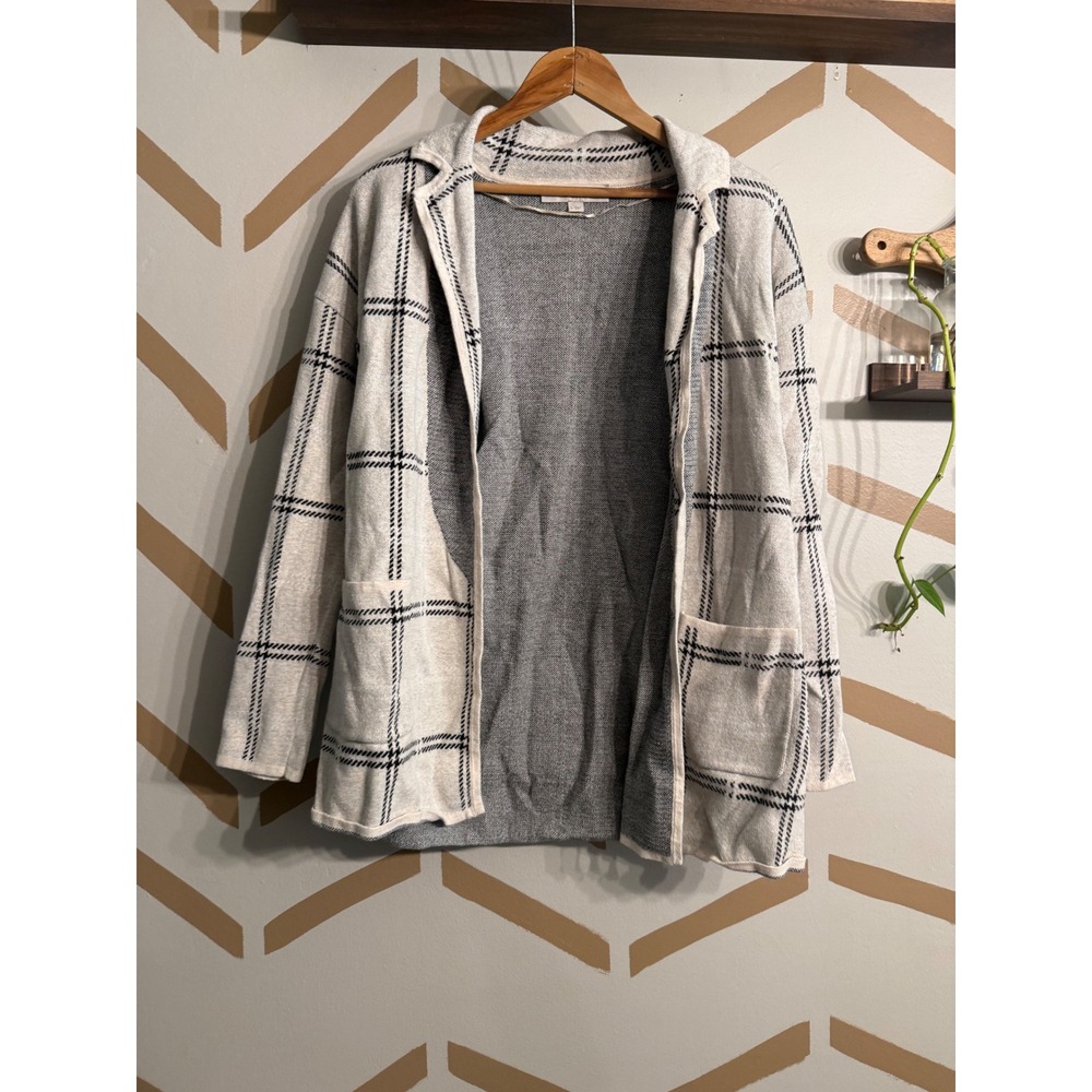 Loft Cardigan Sweater Womens Small Cream Black Plaid Windowpane Open Front Knit